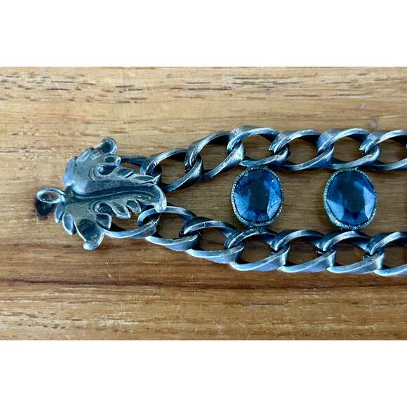 Vintage Joseff Hollywood Statement Bracelet Blue Crystals Antique Silvertone - Picture 2 of 12